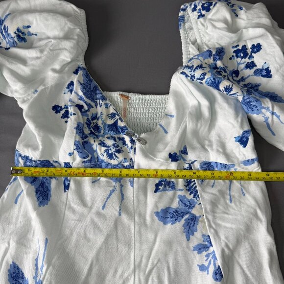 Free People Floral Francesca Blue White Swing Mini Dress Casual Balloon Sleeve S - Picture 4 of 7